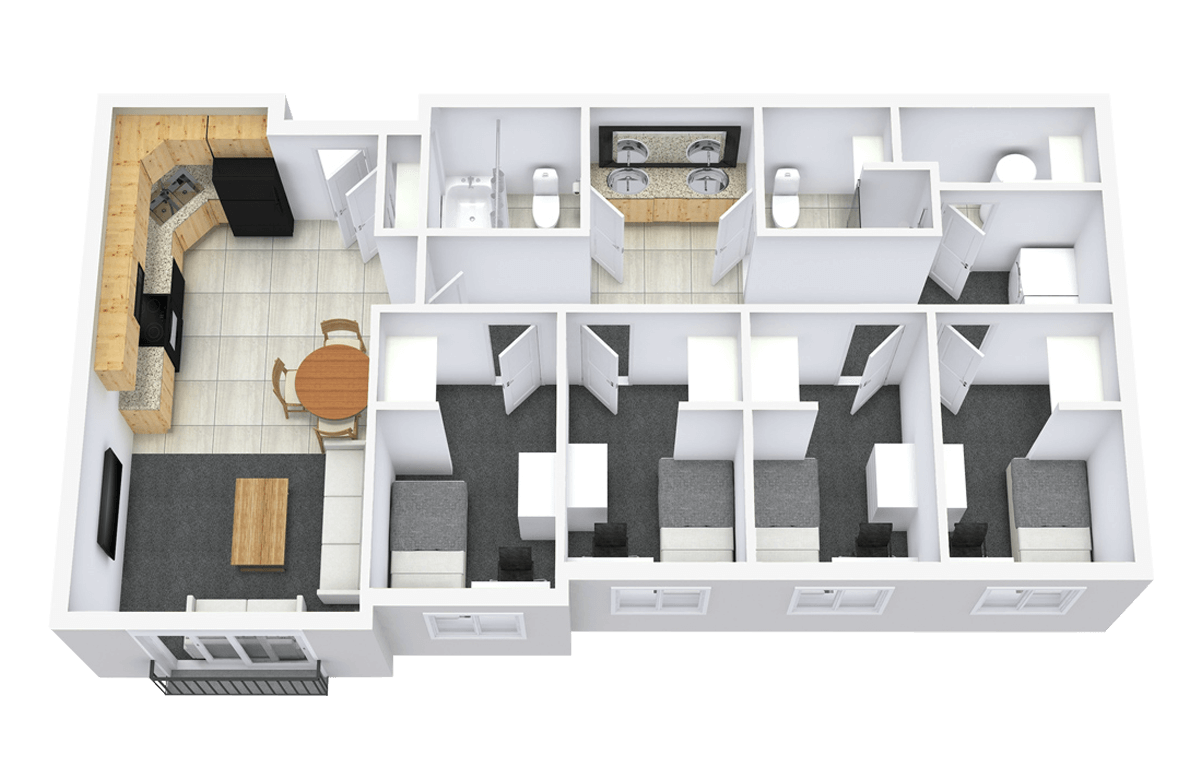 4 Bed 2 Bath apartment floor plan layout